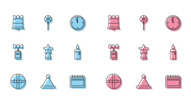 Set line Gift box, Christmas Santa Claus hat, Merry ringing bell, Calendar, star, Burning candle candlestick, Price tag with inscription Sale and Lollipop icon. Vector