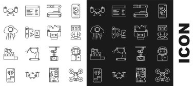 Set line Drone flying with action camera, Worker robot, Robot, Digital door lock wireless technology for unlock, Internet of things,  and Assembly line icon. Vector