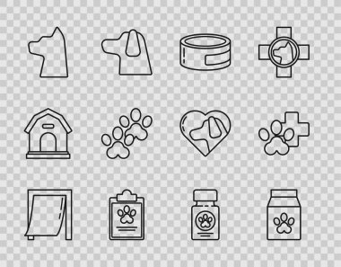 Set line Door for pet, Bag of food, Canned, Clipboard with medical clinical record, Cat, Paw print, Dog medicine bottle and pills and Veterinary symbol icon. Vector