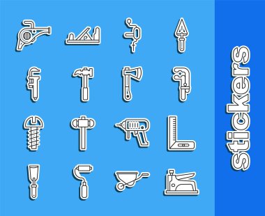 Set line Construction stapler, Corner ruler, Clamp tool, Hand drill, Claw hammer, Calliper caliper scale, Leaf garden blower and Wooden axe icon. Vector