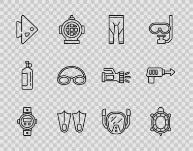 Set line Diving watch, Turtle, Wetsuit, Rubber flippers, Fish, Glasses and cap, mask and Fishing harpoon icon. Vector