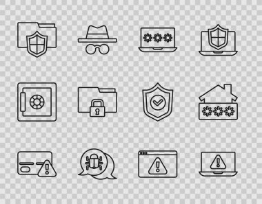 Set line Credit card, Laptop with exclamation mark, password, System bug, Document folder protection, Folder and lock, Browser and House icon. Vector