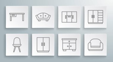 Set line Chair, Sofa, Wardrobe, Furniture nightstand, Armchair,  and Office desk icon. Vector