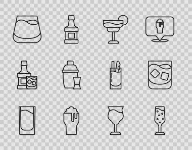 Set line Shot glass, Glass of champagne, Cocktail, beer, whiskey, shaker, Wine and  icon. Vector