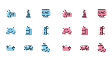 Set line Oil tanker ship, Tanker truck, drop, Propane gas, Canister for motor oil, Gas filling station, Spare wheel the car and rig icon. Vector