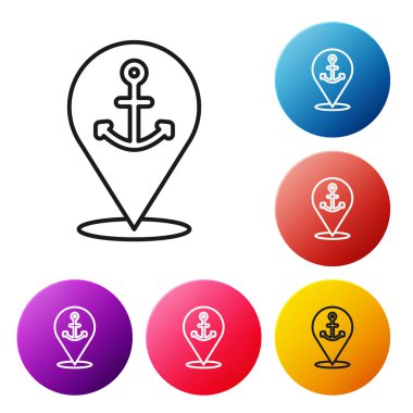 Beyaz zemin üzerinde çapa simgesi olan siyah çizgi haritası işaretçisi. Renkli daire düğmelerini ayarlayın. Vektör.