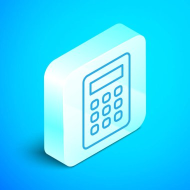 Isometric çizgi hesap makinesi simgesi mavi arkaplanda izole edildi. Muhasebe sembolü. İş hesaplamaları matematik eğitimi ve finans. Gümüş kare düğme. Vektör.