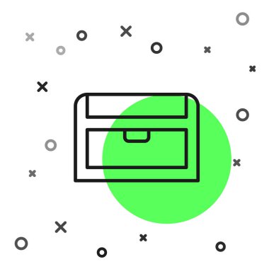 Siyah çizgi antika hazine sandığı resmi beyaz arka planda izole edilmiş. Altın sikkeli klasik tahta sandık. Vektör