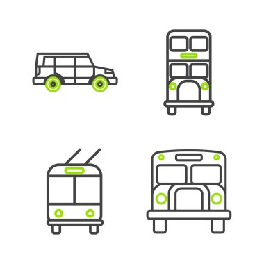 Set line School Bus, Trolleybus, Double decker and Off road car icon. Vector