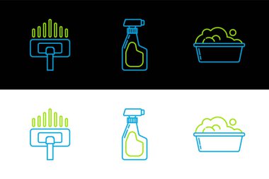 Set line Plastic basin with soap suds, Vacuum cleaner and Cleaning spray bottle detergent liquid icon. Vector