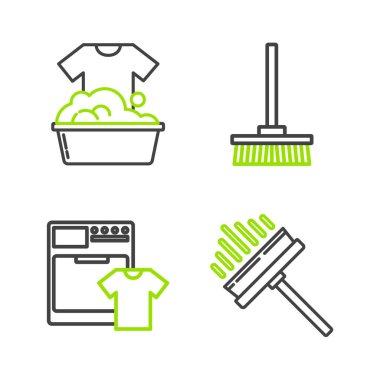 Set line Squeegee, scraper, wiper, Washer and t-shirt, Mop and Plastic basin with soap suds icon. Vector