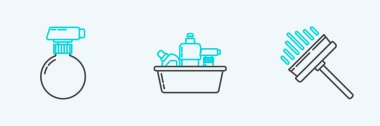 Set line Squeegee, scraper, wiper,  and Plastic bottles for liquid dishwashing liquid icon. Vector