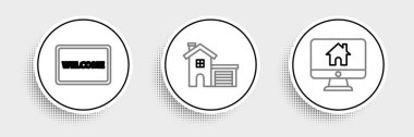Set line Computer monitor with smart home, Doormat the text Welcome and House icon. Vector