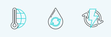 Set line Recharging, Meteorology thermometer measuring and Recycle clean aqua icon. Vector