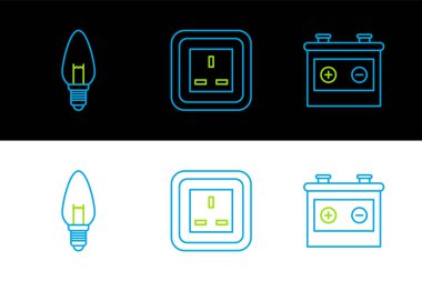 Set line Car battery, Light bulb and Electrical outlet icon. Vector