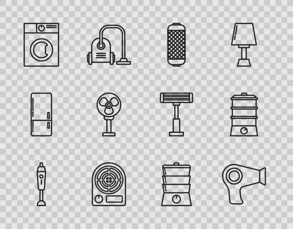 Set line Blender, Hair dryer, Stereo speaker, Electric heater, Washer, fan, Double boiler and  icon. Vector