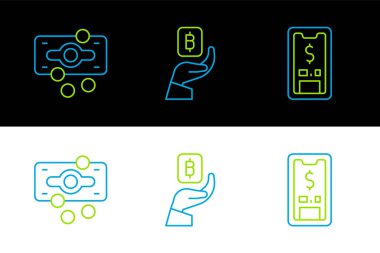 Set line Mobile with dollar, Stacks paper money cash and Hand holding Bitcoin icon. Vector
