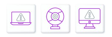 Set line Monitor with exclamation mark, Laptop and Security camera icon. Vector