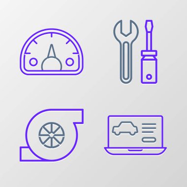 Set line Diagnostics condition of car, Automotive turbocharger, Screwdriver and wrench spanner and Speedometer icon. Vector