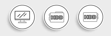 Set line Hard disk drive HDD, Computer monitor screen and  icon. Vector