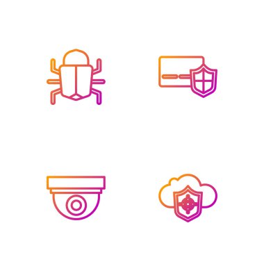Set line Cloud and shield, Security camera, System bug and Credit card with. Gradient color icons. Vector