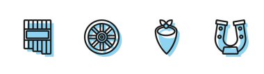 Set line Cowboy bandana, Pan flute, Old wooden wheel and Horseshoe icon. Vector