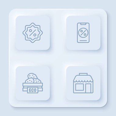 Set line Discount percent tag, Percent discount and mobile, Wooden box for fruits and Market store. White square button. Vector