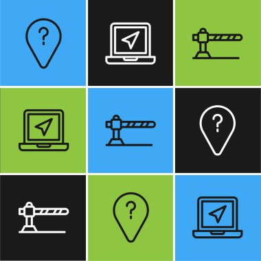 Set line Unknown route point, Parking car barrier and Laptop with location marker icon. Vector