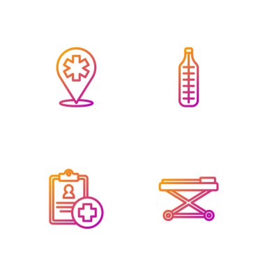 Set line Stretcher, Patient record, Location hospital and Medical thermometer. Gradient color icons. Vector