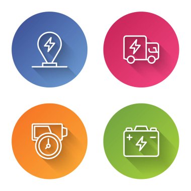 Set line Charging parking electric car, Electric truck, Battery charge and Car battery. Color circle button. Vector