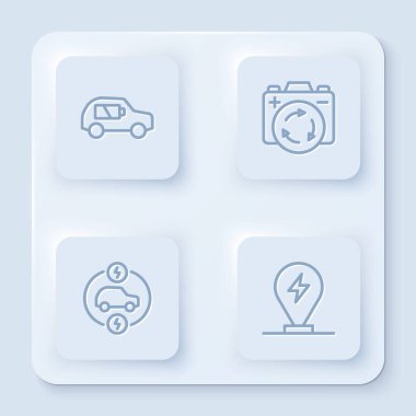 Set line Electric car, Battery with recycle symbol,  and Charging parking electric. White square button. Vector