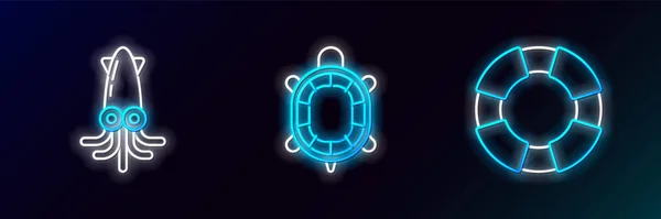 Set line Lifebuoy, Octopus and Turtle icon. Glowing neon. Vector