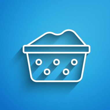 Beyaz çizgi. Mavi arka planda sabun köpüğü ikonu olan plastik leğen. Sulu kase. Çamaşır yıkama, temizlik malzemeleri. Uzun gölge. Vektör