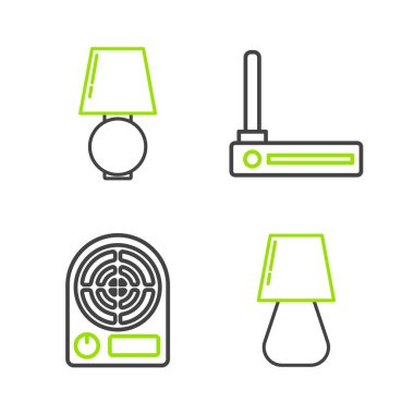Set line Table lamp, Electric heater, Router and wi-fi signal and  icon. Vector
