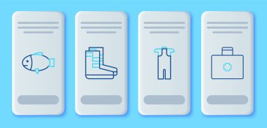 Set line Boots, Wetsuit for scuba diving, Fish and First aid kit icon. Vector