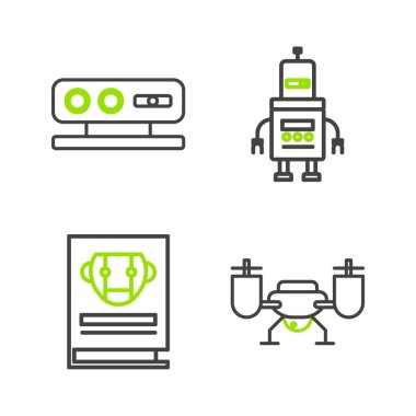 Set line Drone flying with action camera, User manual, Robot and 3d scanning system icon. Vector