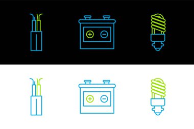 Set line LED light bulb, Electric cable and Car battery icon. Vector