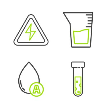 Set line Test tube and flask chemical Water drop Laboratory glassware or beaker and High voltage sign icon. Vector.