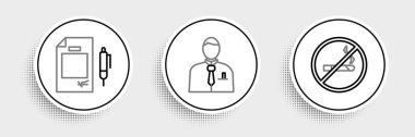 Set line No Smoking, Contract money and pen and Businessman or stock market trader icon. Vector