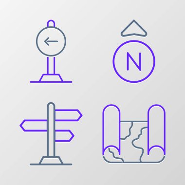 Set line Folded map, Road traffic sign, Compass and Traffic turn left icon. Vector