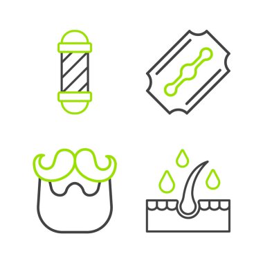 Set line Oil for hair care treatment, Mustache and beard, Blade razor and Classic Barber shop pole icon. Vector