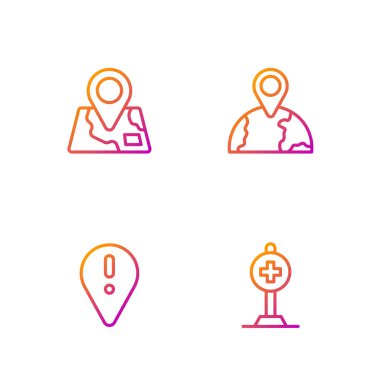 Set line Location with cross hospital, exclamation mark, Folded map location marker and the globe. Gradient color icons. Vector