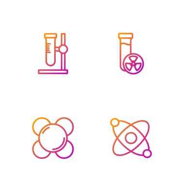 Set line Atom, Molecule, Test tube flask on stand and with toxic liquid. Gradient color icons. Vector