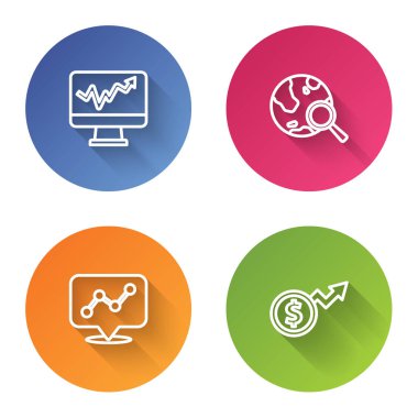 Set line Monitor with graph chart, Search globe, Graph infographic and Financial growth dollar. Color circle button. Vector