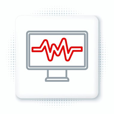 Beyaz arkaplanda kardiyogram simgesi olan çizgi bilgisayar monitörü izole edildi. Simge denetleniyor. Kalp atışı elle çizilmiş EKG monitörü. Renkli taslak konsepti. Vektör