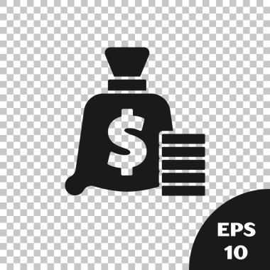 Siyah Para Çantası simgesi şeffaf arkaplanda izole edildi. Dolar ya da USD sembolü. Nakit bankacılık tabelası. Vektör.