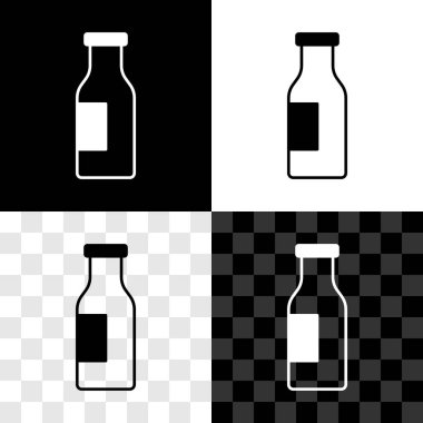 Siyah beyaz, şeffaf arka planda izole edilmiş süt ikonlu kapalı cam şişe. Vektör.