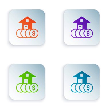 Beyaz arka planda dolar sembolü olan Renk Evi. Ev ve para. Emlak konsepti. Kare düğmelere renkli simgeleri yerleştir. Vektör