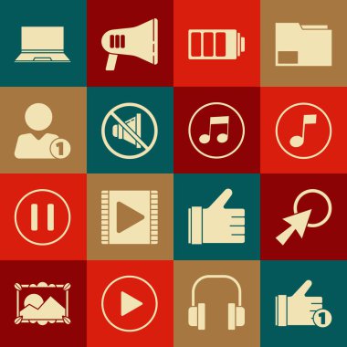 Set Hand like, Arrow cursor, Music note, tone, Battery charge level indicator, Speaker mute, Add friend, Laptop and  icon. Vector