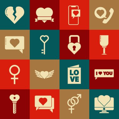 Set Computer monitor with heart, Speech bubble I love you, Wine glass, Smartphone speech, Key shape, Like and, Broken divorce and Castle the of icon. Vector